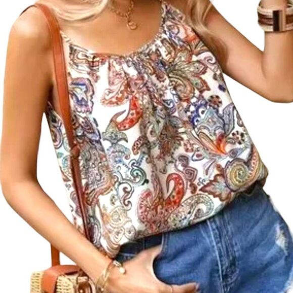 OYOANGLE Women's Paisley Print Spaghetti strap Sleeveless Bo-Hoo Summer Tank - Picture 8 of 16